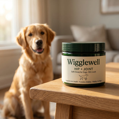 Wigglewell Hip + Joint Soft Chews � lifestyle shot with golden retriever